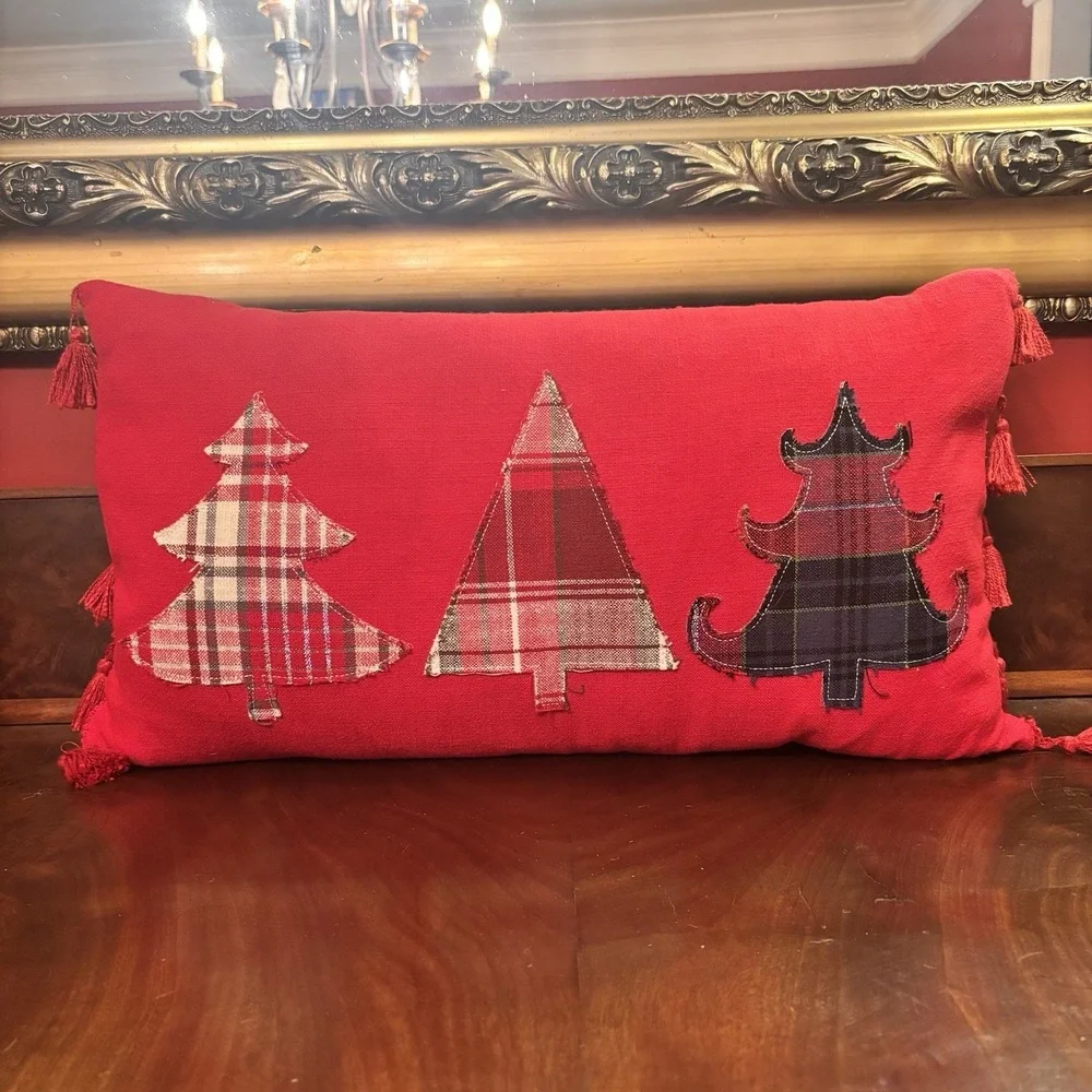 Christmas Plaid Tree Pillow Red Tassel Lumbar 24x14 Holiday Farmhouse Decor